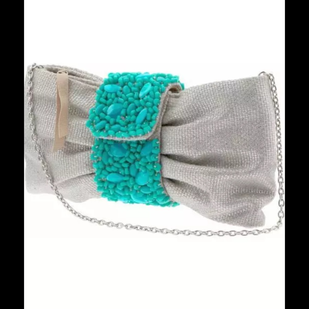 Turquoise Beaded Silver 
Cinch Clutch w/ Chain